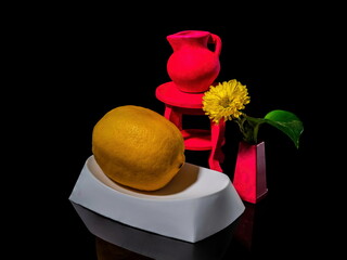 Composition with lemon taking a bath on a black background
