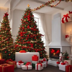 christmas tree and fireplace, christmas tree and decorations