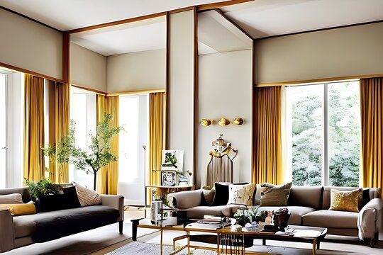 Architectural Digest photo of a Japanese and Scandinavian design style living room with golden light