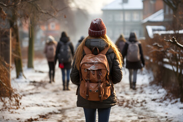 Back view of teenagers with backpack walking to school in winter - obrazy, fototapety, plakaty