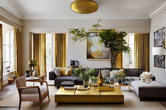 Architectural Digest photo of a Japanese and Scandinavian design style living room with golden lights