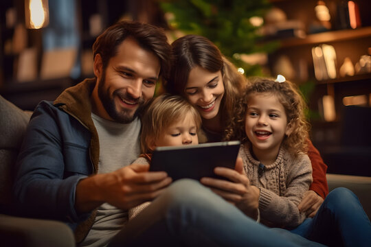 Happy father having fun with using digital tablet computer with his daughter sitting on couch in modern cozy living room at home together
