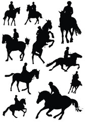 Horse riders silhouettes. Vector Black and White illustration