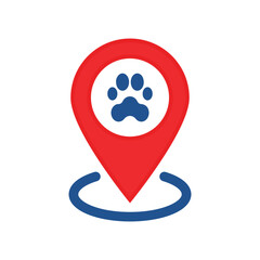 pet store location icon with red pin and paw. flat style trend modern petshop logotype graphic design web element isolated on white background. concept of easy finder veterinary clinic or zoo shop