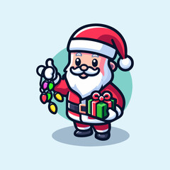 Cute hand-drawn cartoon Santa Claus logo, vector illustration of Santa Claus with christmas lights and presents merry christmas, Cute santa claus logo