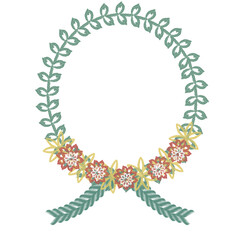 illustration of a Christmas wreath frame made of leaves with colored stitching patterns isolated on a white background