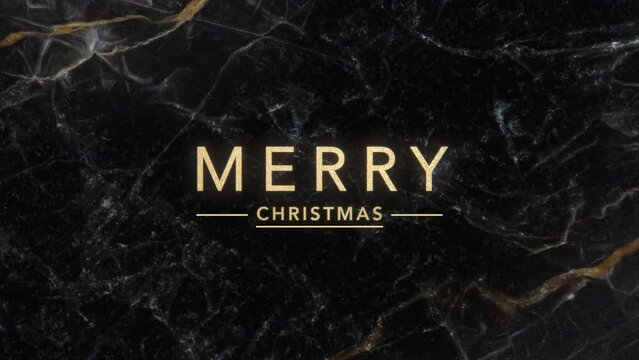 Merry Christmas text on black marble texture with gold lines, motion abstract holidays, luxury and promo style background