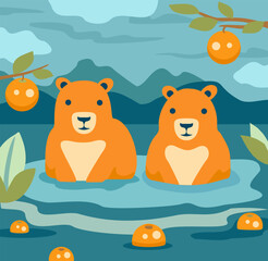 Two Cute Capybaras vector design. Capybaras in Japanese Onsen hot spring. Capybaras and oranges. Kawaii drawing, funny illustration.