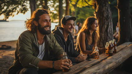 Group of friends having fun near a lake, laughing and drinking outdoor on sunny days