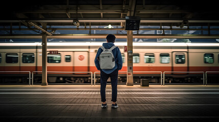 Back view of young teenager with backpack waiting at large train station