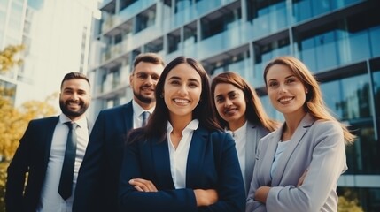 Portrait of a group of smiling business people standing in front of office building