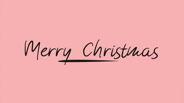 Merry Christmas text with black brush on pink background, motion holidays and art style background for New Year and Merry Christmas