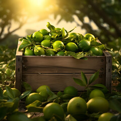 Limes harvested in a wooden box with orchard and sunshine in the background. Natural organic fruit abundance. Agriculture, healthy and natural food concept. Square composition.