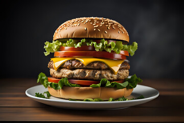 a hamburger with lettuce, tomato, onion, and cheese, hamburger, burger on a plate, big juicy burger