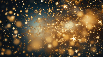 Fototapeta premium Golden stars lights with abstract defocused elements, glitter, bokeh over dark background. Festive Christmas and New year background