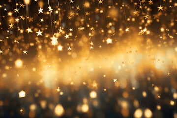 Golden stars lights with abstract defocused elements, glitter, bokeh over dark background. Festive...