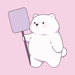 Cute cartoon hand drawn white Polar bear holding signboard vector illustration. Pastel colors, pink background. Attention, hunting conept. Funny animal character, mascot. Isolated clip art object.