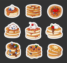 Breakfast pancakes. Sticker Bookmark. Stacks of tasty food with maple syrup, butter, chocolate syrup, fruits and jam. Hand drawn style. Vector drawing. Collection of design elements.