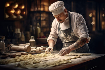 A chef is rolling out pasta dough.
