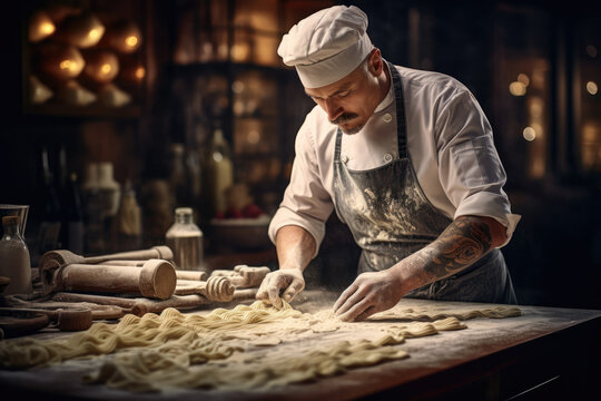 A chef is rolling out pasta dough.