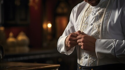 A close-up of a chef tying the traditional double-breasted jacket