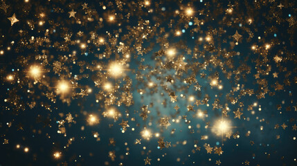Fototapeta premium Golden stars lights with abstract defocused elements, glitter, bokeh over dark background. Festive Christmas and New year background