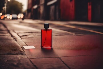 red colroed pefume bottle on  old street stone pavement  floor - obrazy, fototapety, plakaty