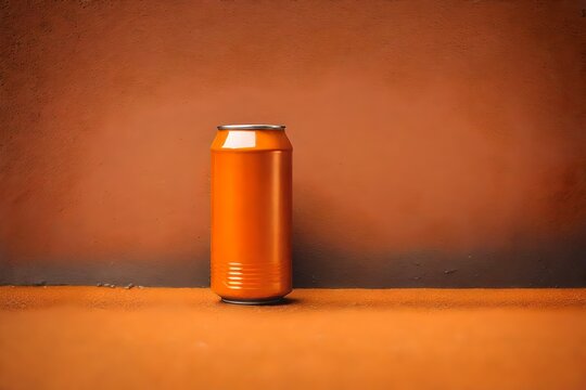 orange colored regular 33cl beverage can in front of a concrete wall , blank packaging advertising template