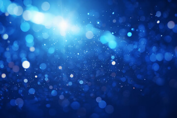 Bright blue bokeh lights abstract background, flying particles or dust texture special effect concept illustration