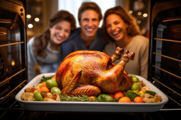 Three people look at the stuffed Thanksgiving turkey in the oven for Thanksgiving or Christmas dinner with various vegetables. Cooked at home. View from inside the oven.