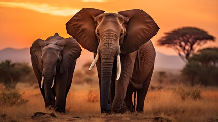 Fototapeta na wymiar A family of elephants grazing on the savannah in the golden hour,