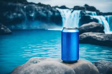 blue colored aluminium can  beverage template , natural waterfall background 