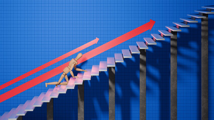 Businessman figure climbing stairs upward in a hard way by crawling. Wooden business crawl figure in a staircase. Red arrows and stock exchange grid background about determination 3d illustration. 