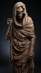 Studio shot portrait of scary mummy pose. halloween cosplay like a clamber acting. Isolated on black background.	