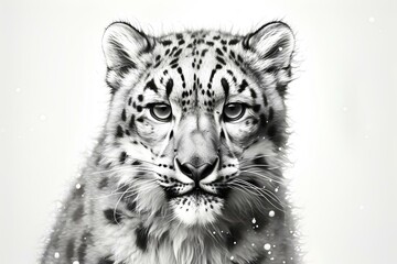 realistic black and white drawing of a snow leopard. generative AI