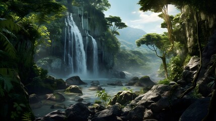 Naklejka na ściany i meble A high-speed waterfall in the jungle roared with power,