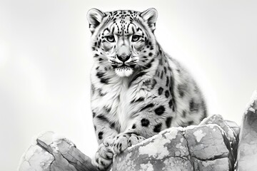 realistic black and white drawing of a snow leopard. generative AI - obrazy, fototapety, plakaty