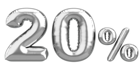 Twenty percent. 20% balloon text. 3D illustration.