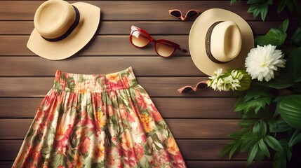 A neatly laid-out assortment of summer dresses, sunglasses, and sandals - obrazy, fototapety, plakaty