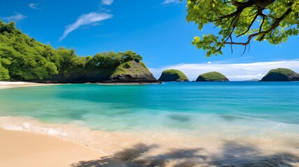 A pristine beach with clear blue waters,