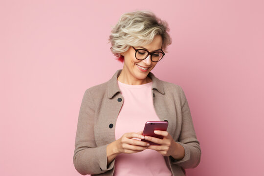 Middle Aged Woman Using Her Smartphone, On Plain Color Background