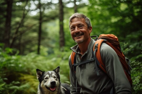 Senior Man Hiking With His Dog In The Forest. He Is Smiling And Looking At Camera.