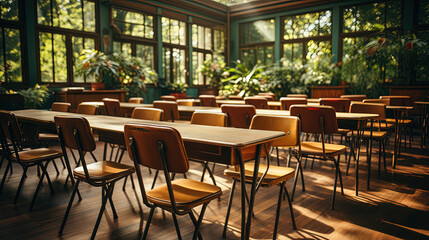 Obraz premium Empty Classroom. Back to school concept in high school. Classroom Interior Vintage Wooden Lecture Wooden Chairs and Desks.
