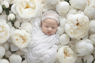 Newborn baby wearing white peons