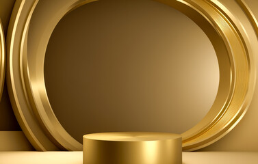 Abstract golden room with realistic gold cylinder pedestal podium set. Minimal scene for product display presentation. Golden product placement.