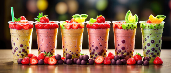 Colorful selection of milky fruit flavored bubble tea arranged in line on wooden table and bokeh...