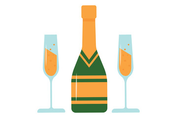 Champagne bottle with glasses in flat style. Celebration concept. Vector illustration