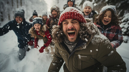 Smiling portrait of a young caucasian family. Kids and parents laughing and playing in the snow during winter in the forest