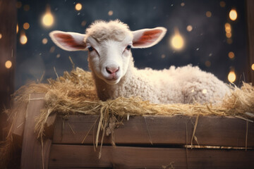 Nativity story. Sheep in wooden manger, symbol of newborn baby Jesus Christ. Christian Christmas scene in dark blue night. Birth of Salvation, Messiah, Emmanuel, God with us