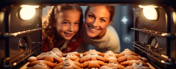 Cozy Christmas Baking: A Sweet Family Tradition.
In the heart of holiday cheer, a mother and her daughter enjoy the magic of baking gingerbread cookies together. - obrazy, fototapety, plakaty